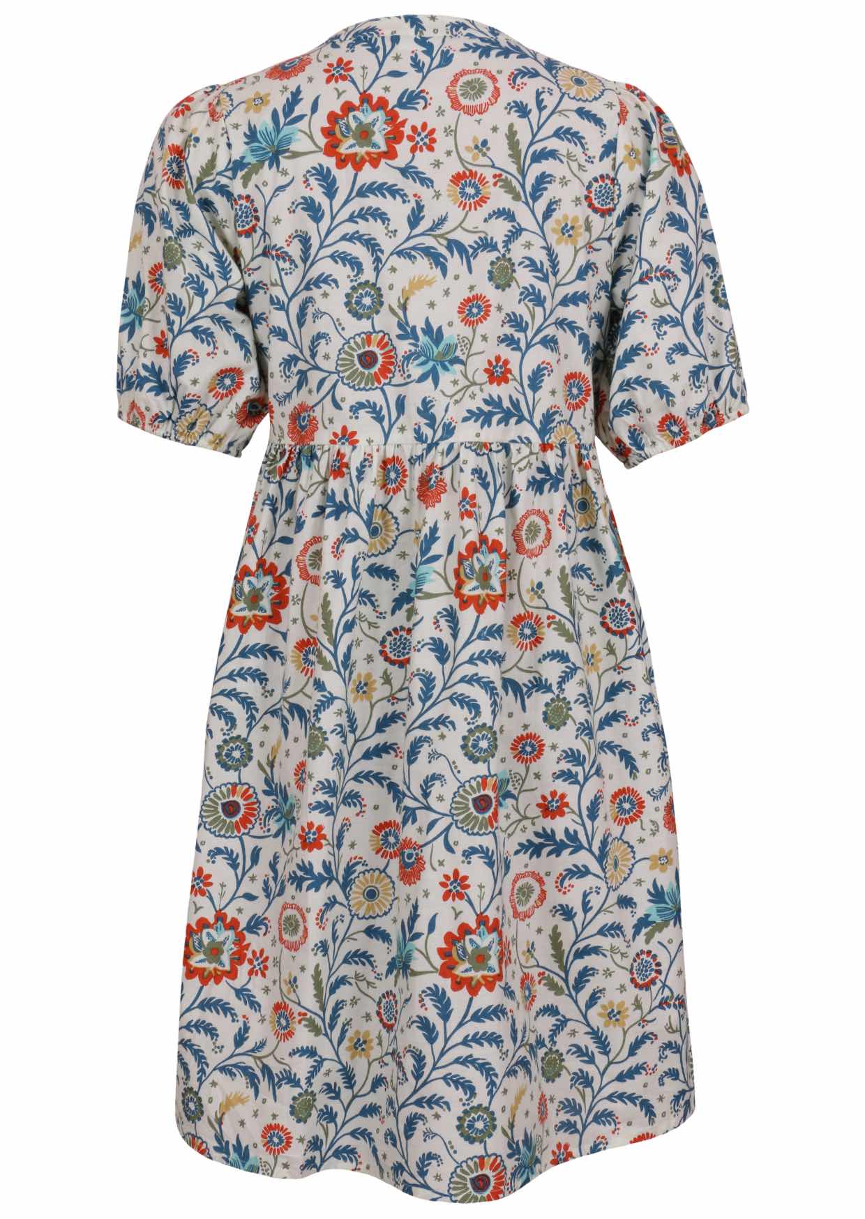 Elbow length sleeve cotton dress with white based floral print.