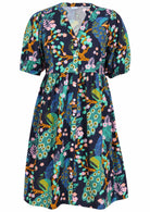 V-neck cotton dress with navy blue based floral print