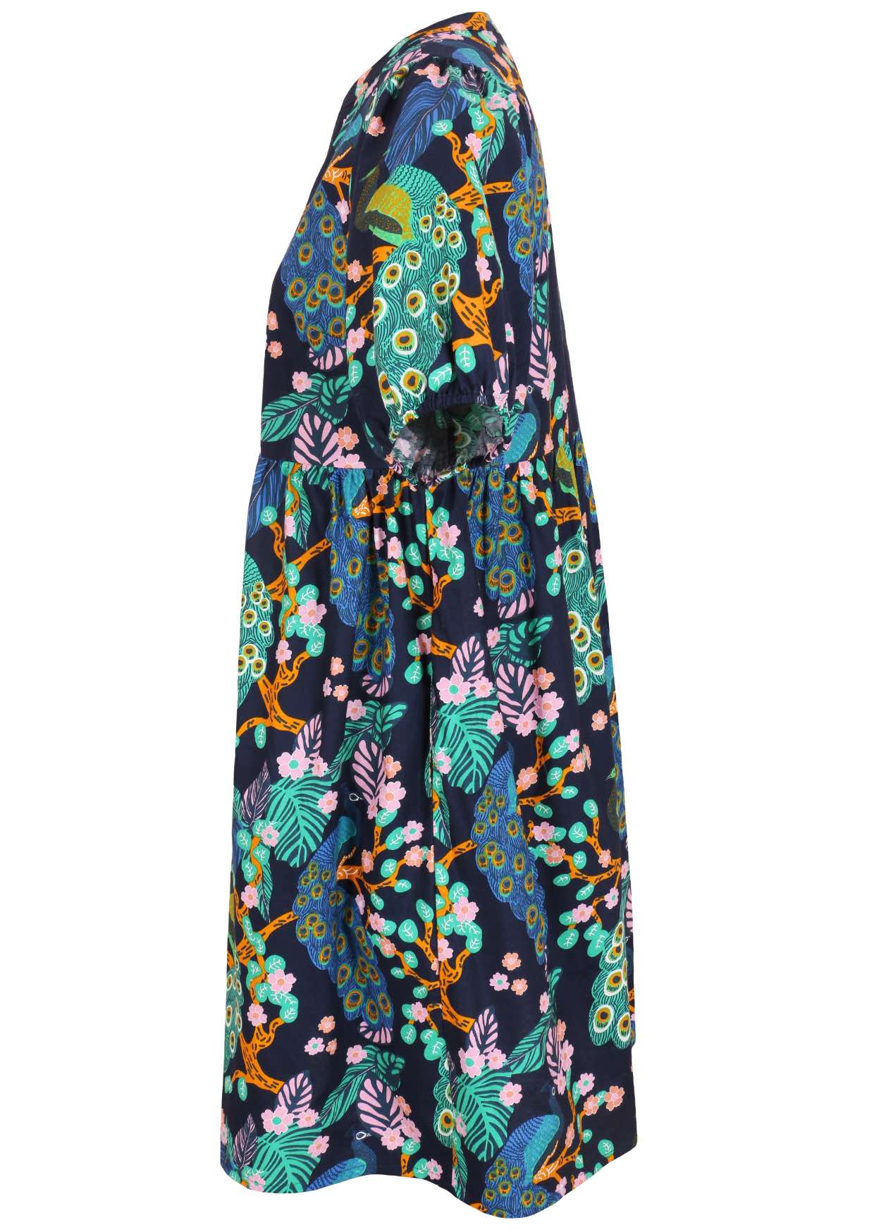 100% cotton dress in navy blue based floral print with pockets.