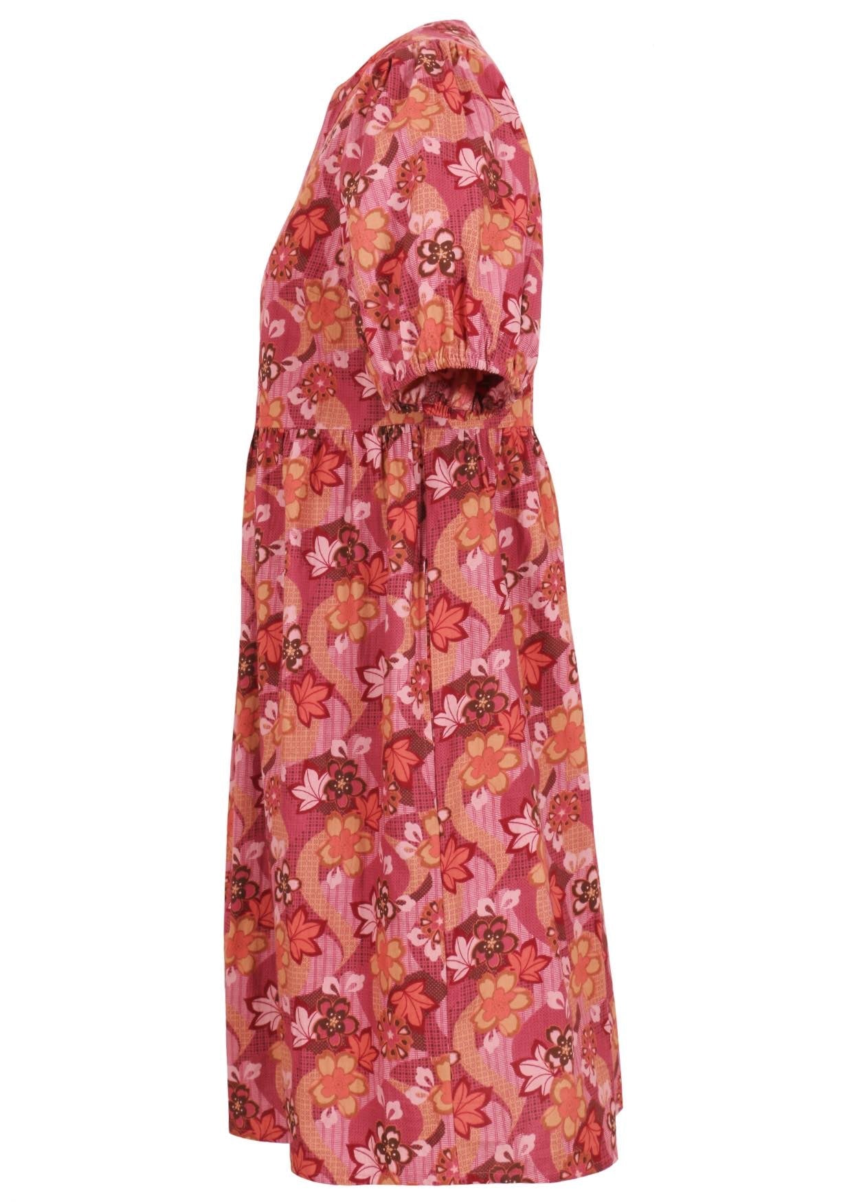 Japanese-style print in pink, maroon, brown, peach, and khaki tones cotton dress with pockets.

