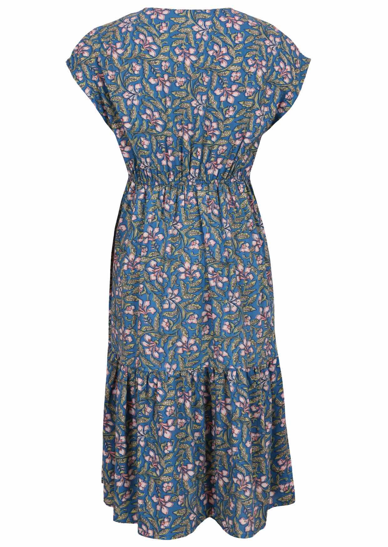 Cerulean blue based block style floral print rayon dress with elasticated wasitband.