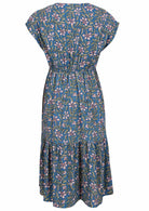 Cerulean blue based block style floral print rayon dress with elasticated wasitband.