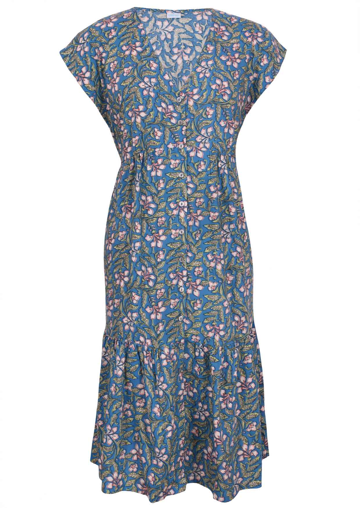 Cerulean blue based block style floral print rayon dress with V neckline.