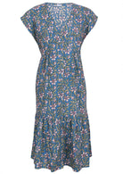 Cerulean blue based block style floral print rayon dress with V neckline.
