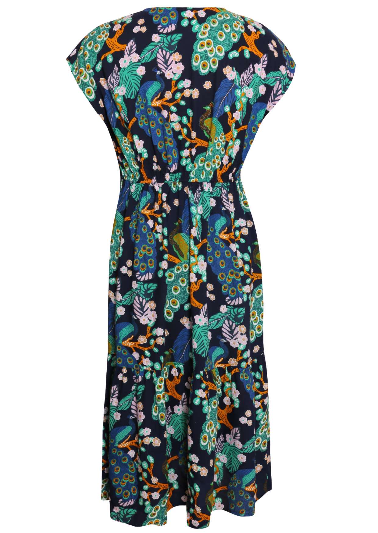 Navy blue based floral print rayon dress with elasticated waistband.