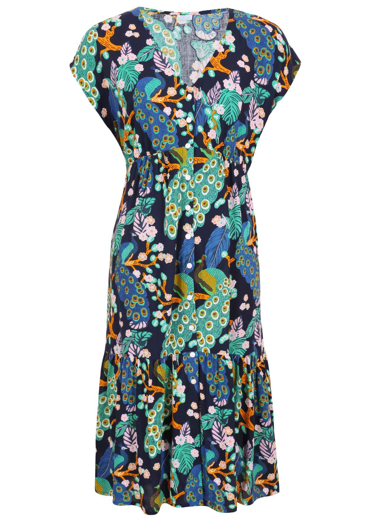 Navy blue based floral print rayon dress with V neckline.