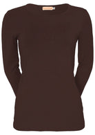 Front view of long sleeve round neck soft stretch rayon top in dark brown