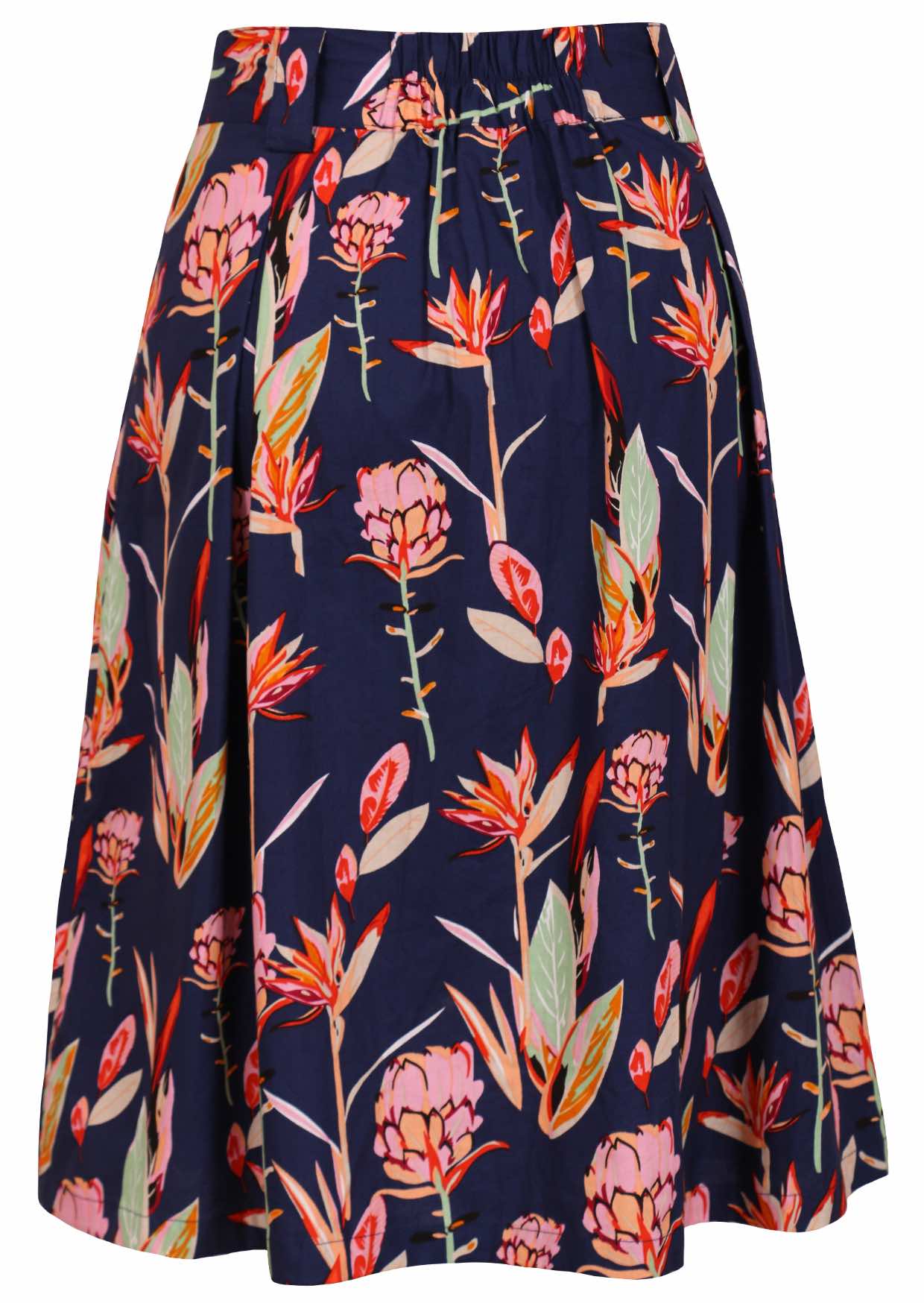 Floral printed knee length cotton skirt with belt loops and elastic at back of the waist.