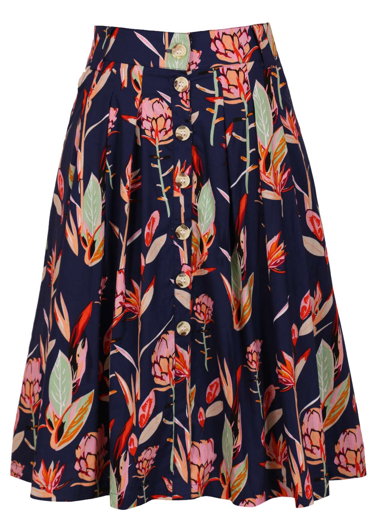 100% cotton button through skirt with box pleats and pockets in floral print on navy base.
