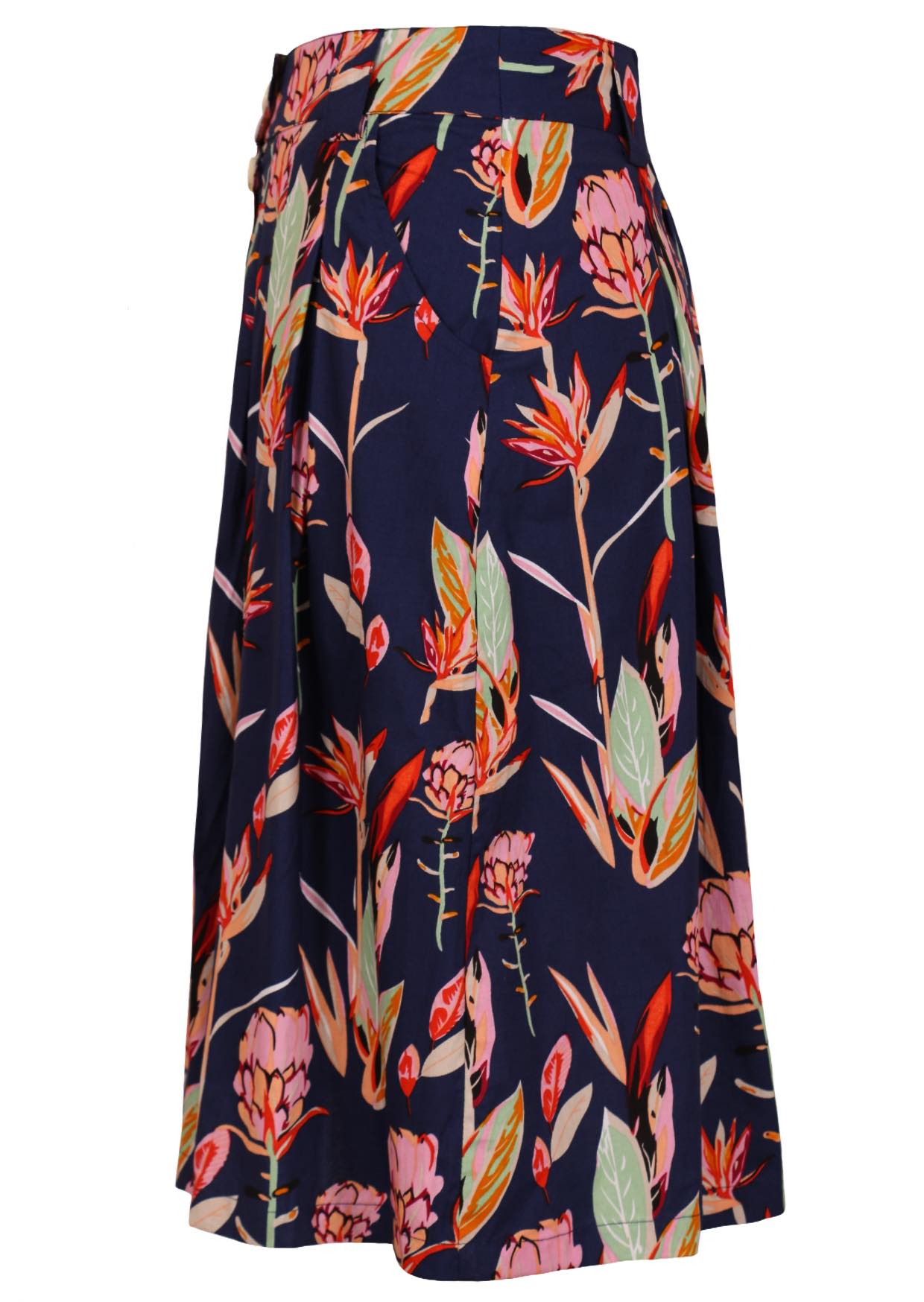 Knee length button through cotton skirt with belt loops, box pleats and pocket.