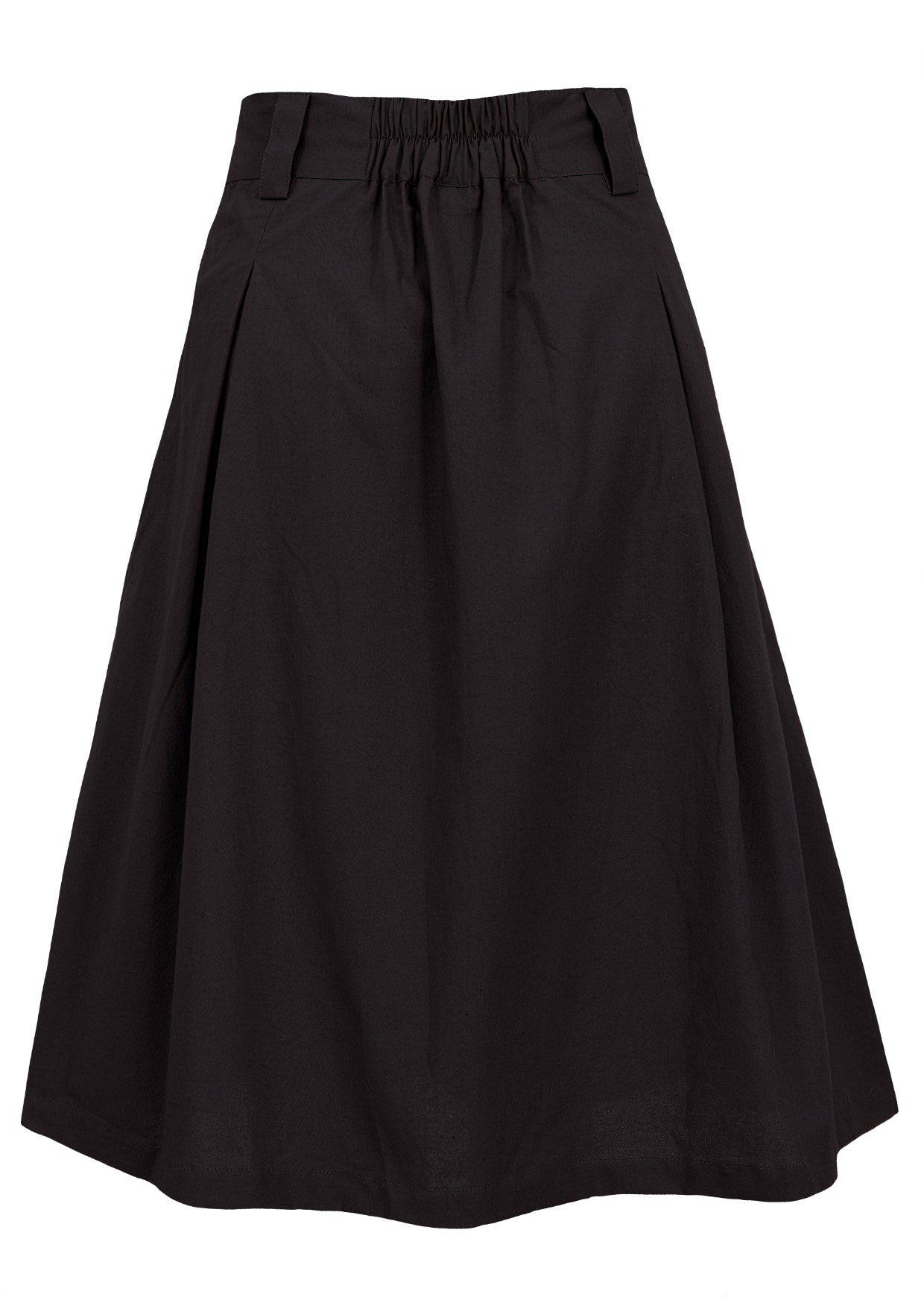 A-line knee length black cotton skirt with belt loops, elastic back waist and pockets