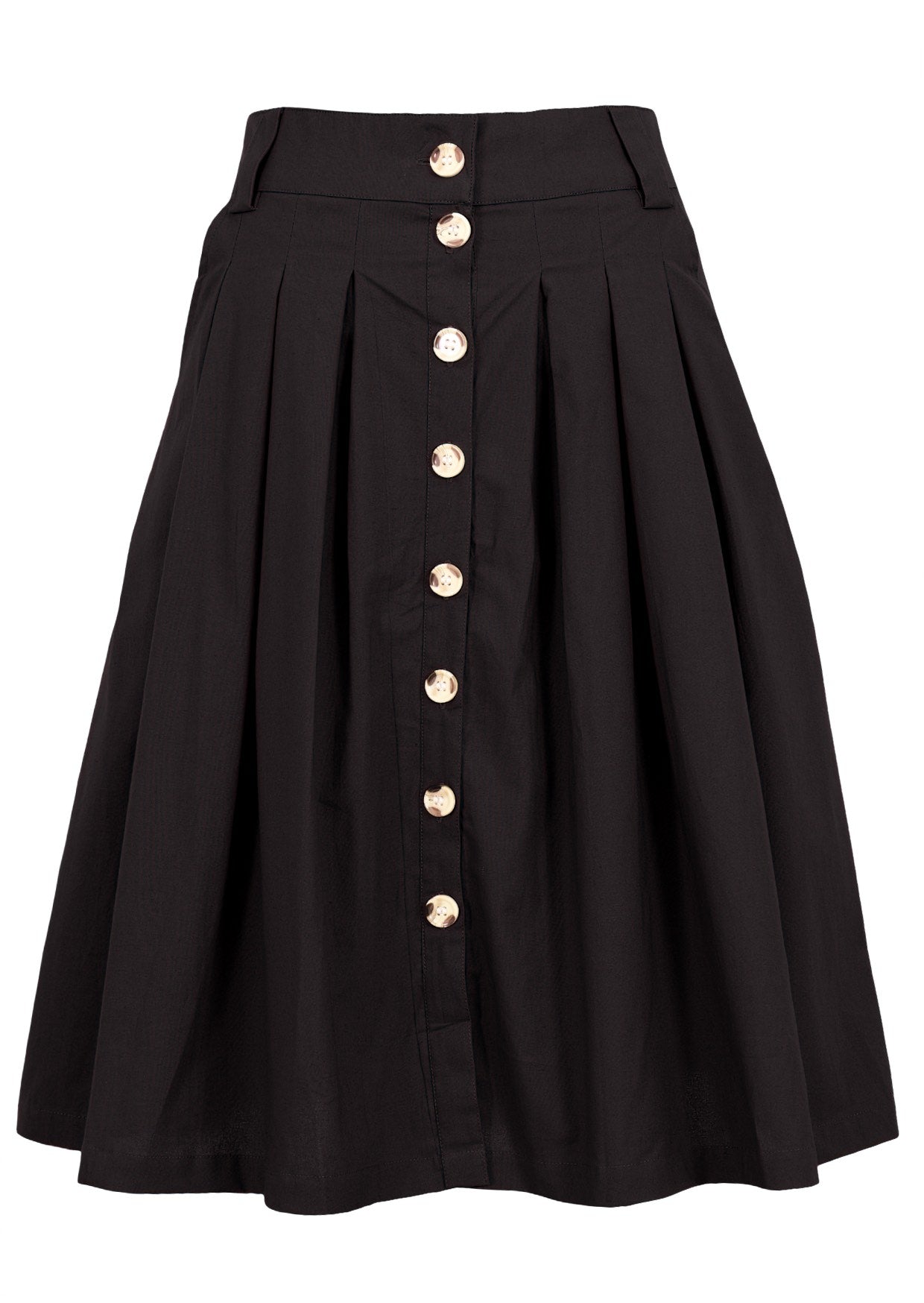 Plain black box pleated button through skirt with belt loops and pockets 