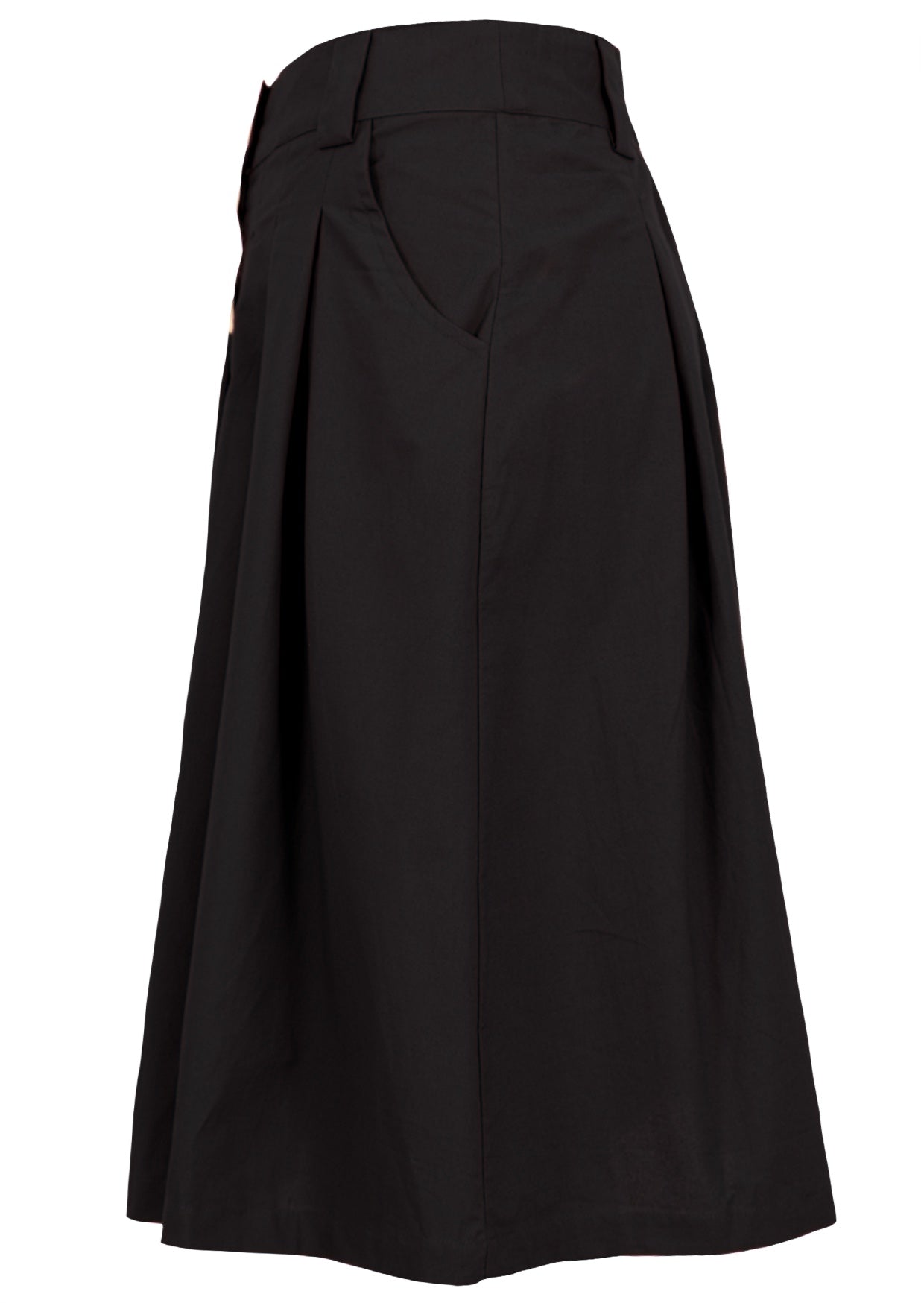 100% cotton knee length black skirt with button through front pockets and belt loops 