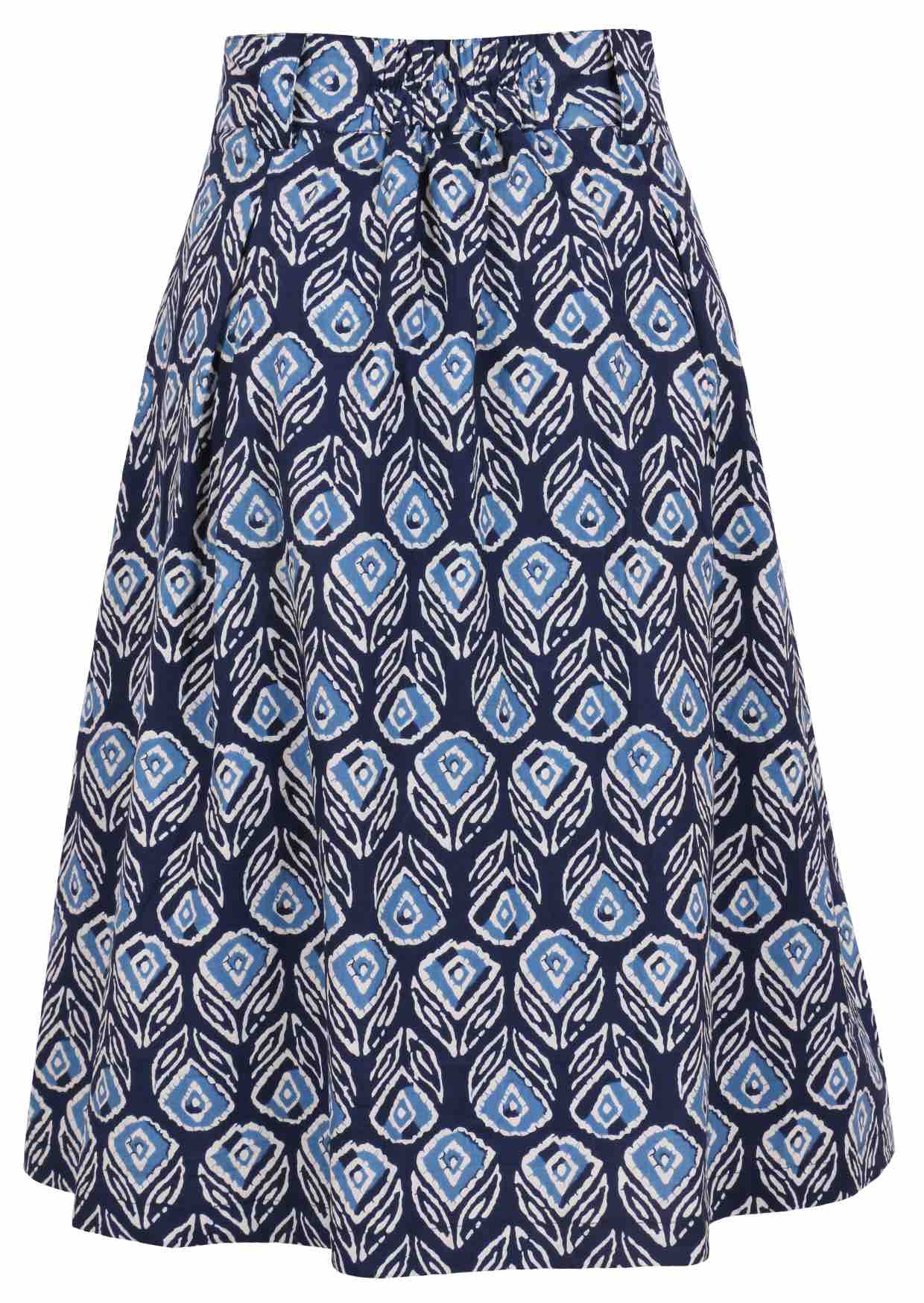 Floral printed knee length cotton skirt with belt loops and elastic at back of the waist
