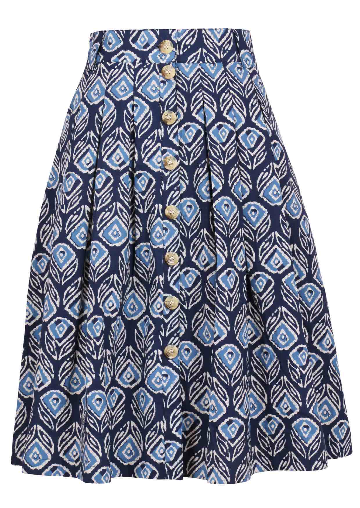 100% cotton knee length button through skirt with box pleats and belt loops in navy blue based floral print