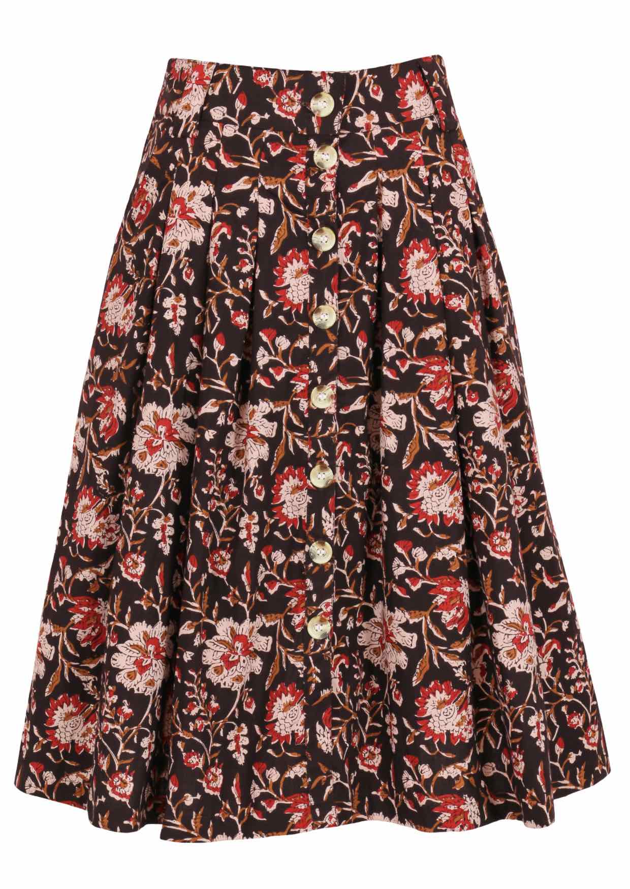 100% cotton knee length button through skirt with box pleats and belt loops in black based floral print