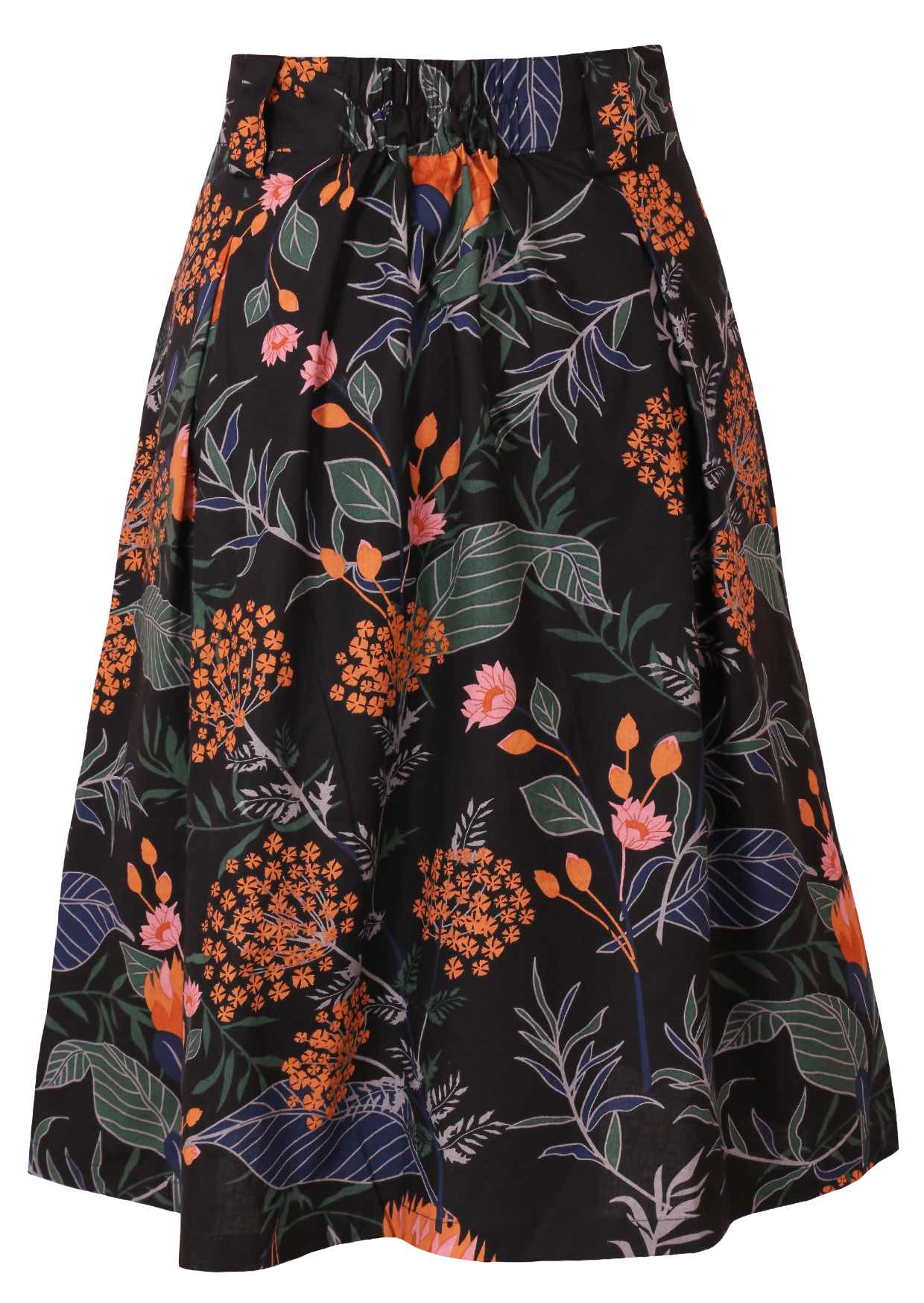 Floral printed knee length cotton skirt with belt loops and elastic at back of the waist