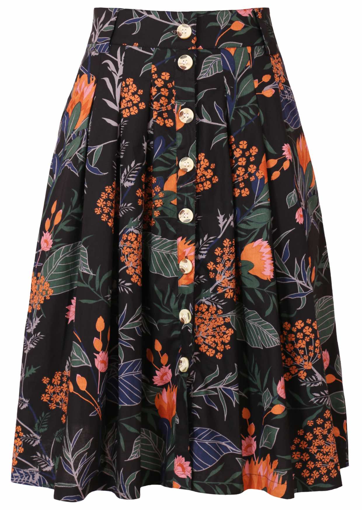 100% cotton knee length button through skirt with box pleats and belt loops in black based botanical print