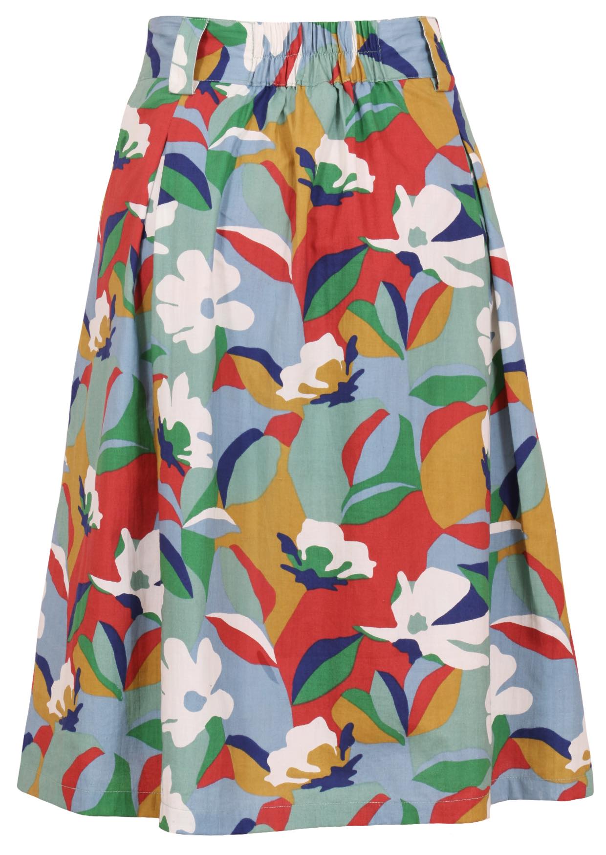 Floral printed knee length cotton skirt with belt loops and elastic at back of the waist
