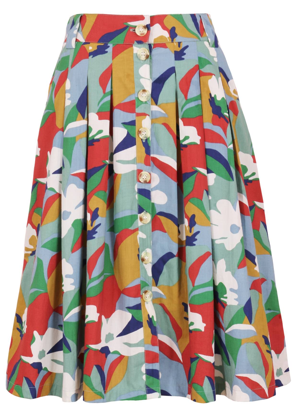100% cotton knee length button through skirt with box pleats and belt loops in colourful floral print