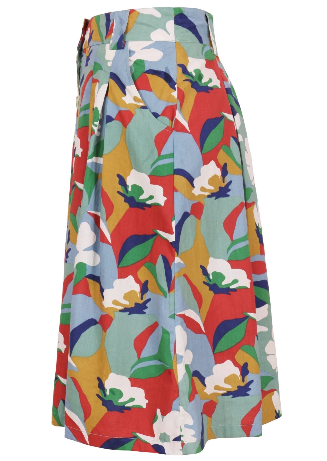 Knee length button cotton skirt with box pleats, pockets and belt loops