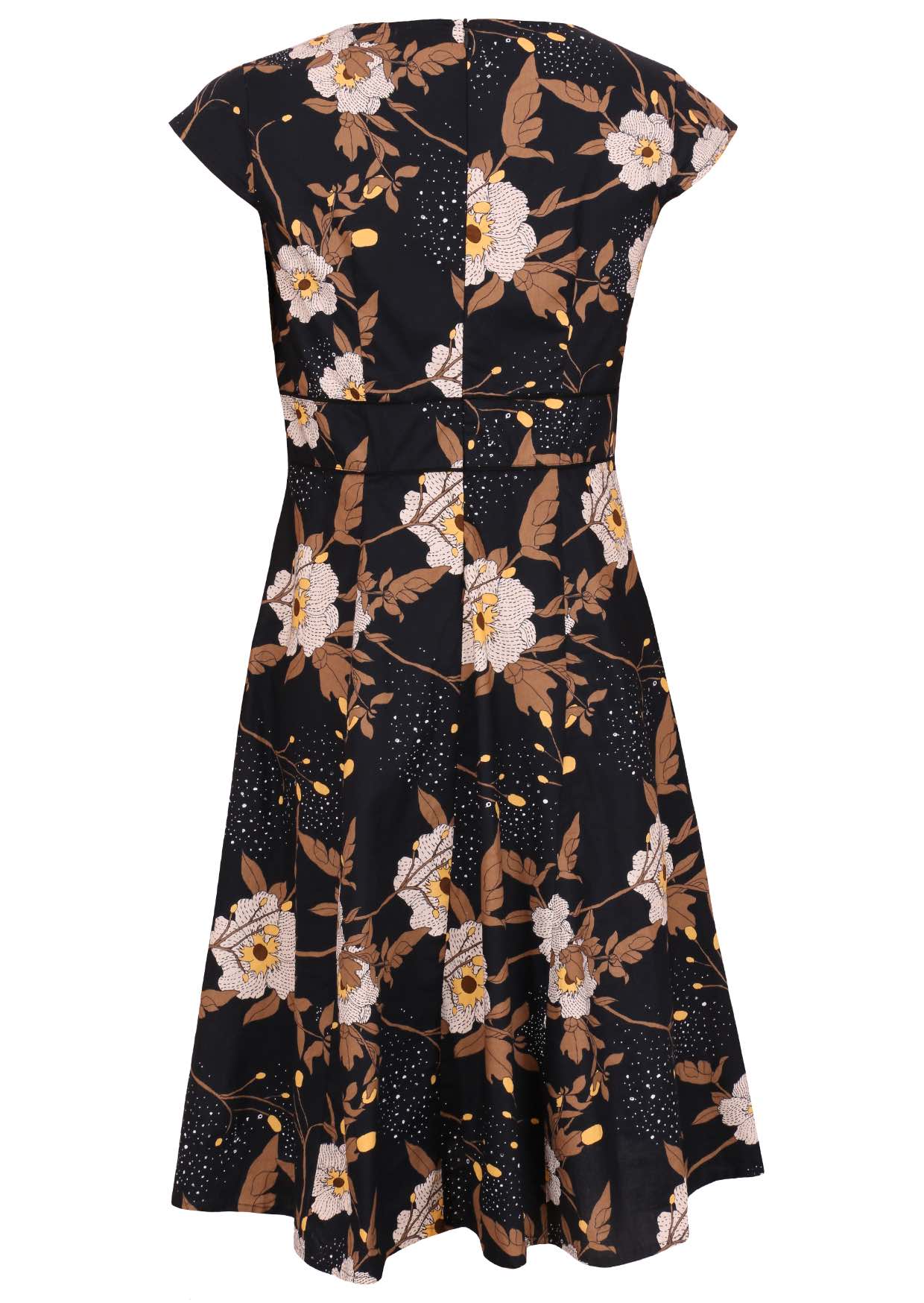 100% cotton knee length retro style dress in black based florals with cap sleeves and a central back zip
