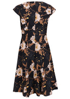 100% cotton knee length retro style dress in black based florals with cap sleeves and a central back zip