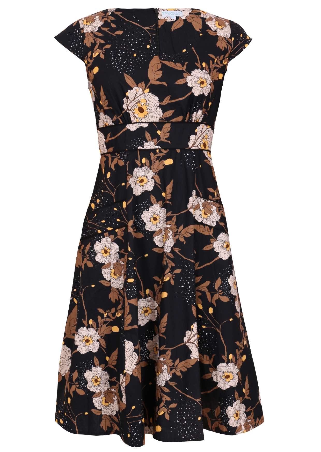 100% cotton knee length retro style dress in black based florals with cap sleeves and a round neckline