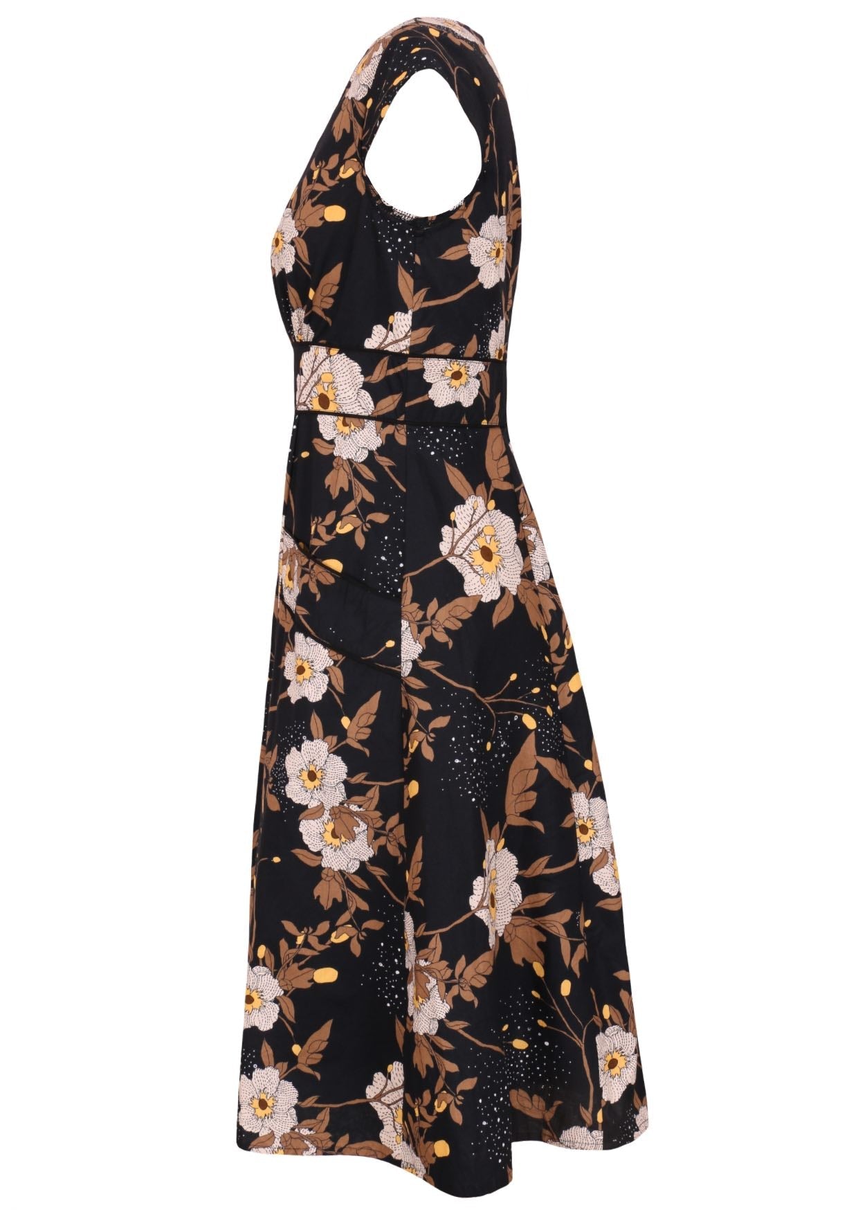 100% cotton knee length retro style dress in black based florals with cap sleeves and a deep front pockets
