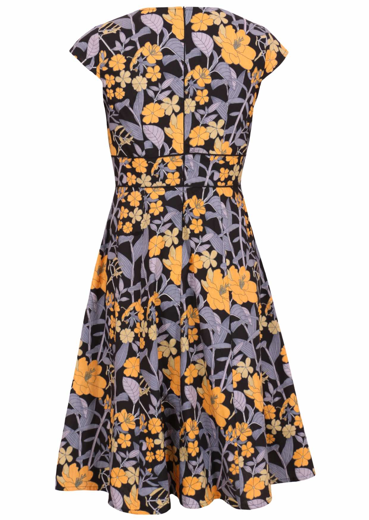 100% cotton knee length retro style dress in black with yellow, and blue-grey florals with cap sleeves and a central back zip