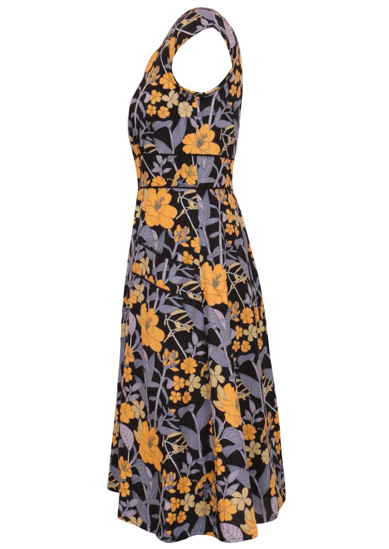 100% cotton knee length retro style dress in black with yellow, and blue-grey florals with cap sleeves and a deep front pockets