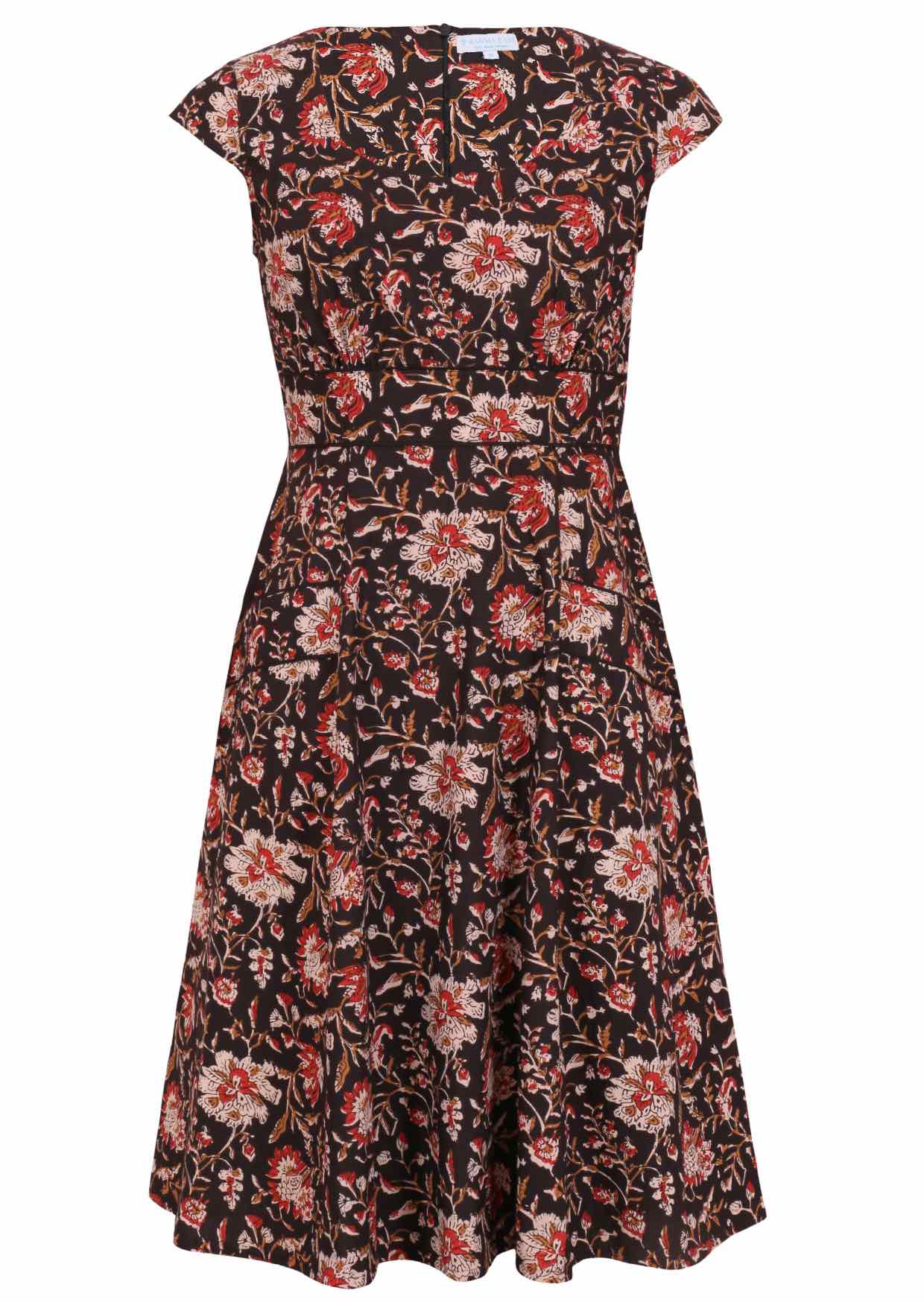 100% cotton black floral vintage dress with cap sleeves, round neckline, A line skirt and pockets