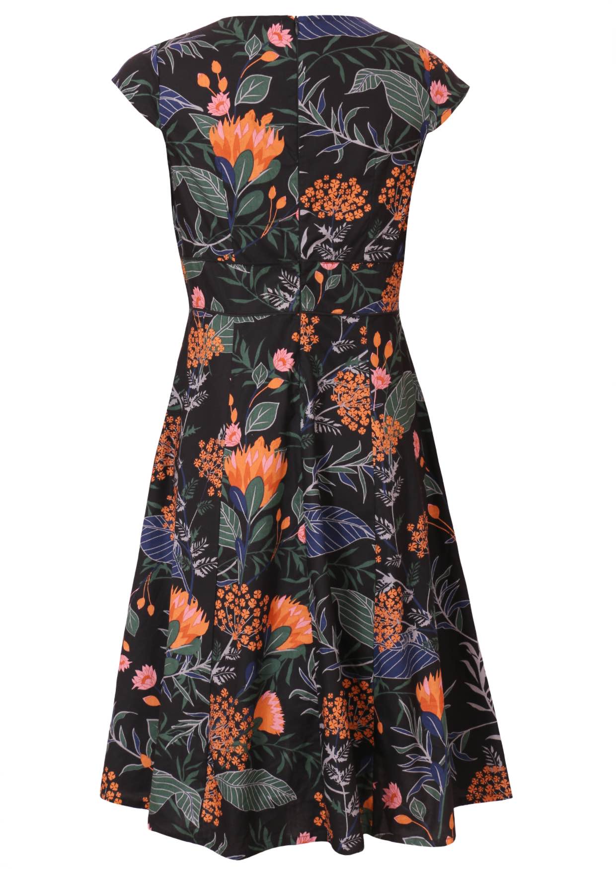 Black Floral Cotton dress with A-line skirt, wide piped waistband and central zipper at the back