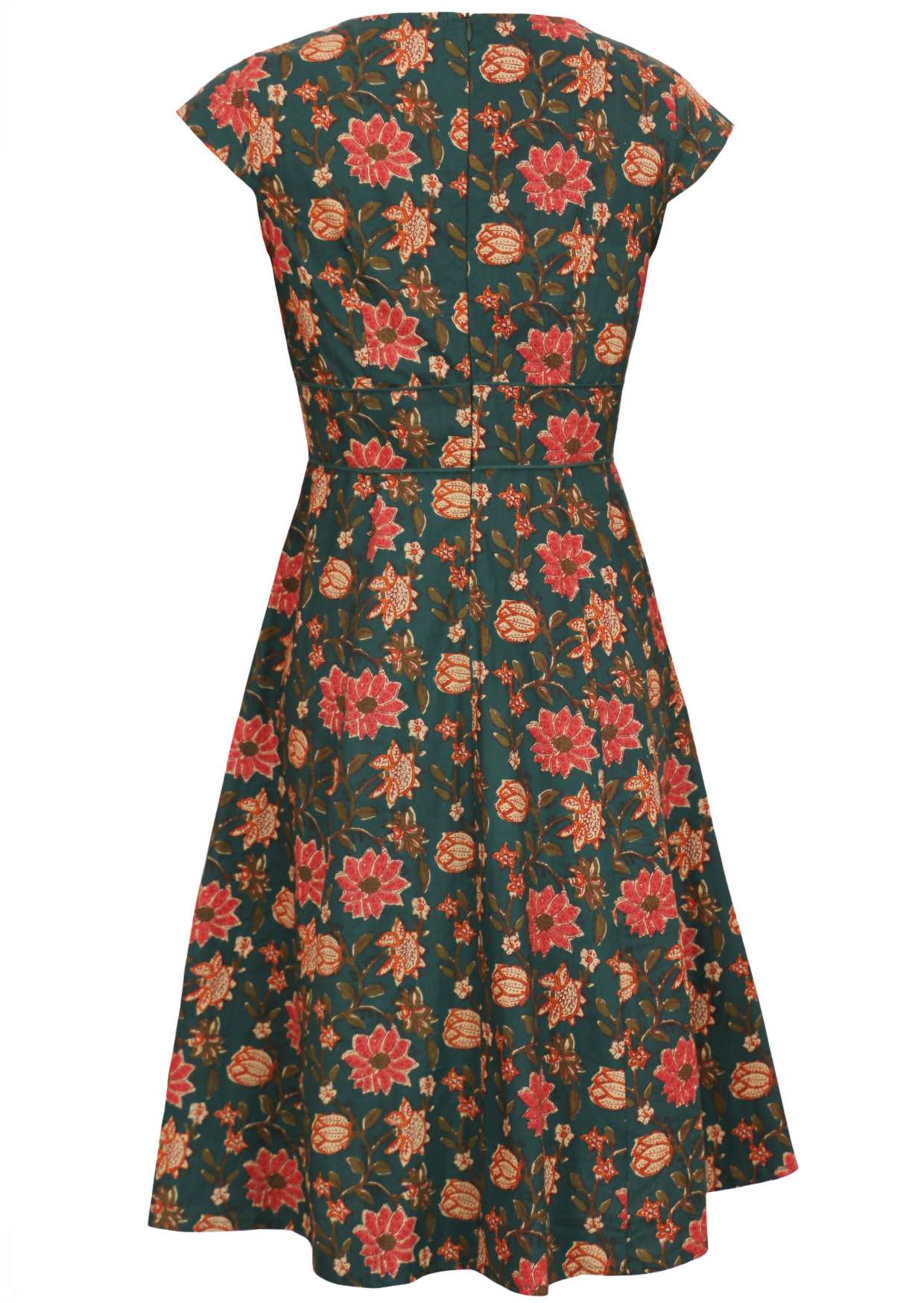 Midi length cotton dress with A-line skirt, wide piped waistband and zipper at the center of the back.