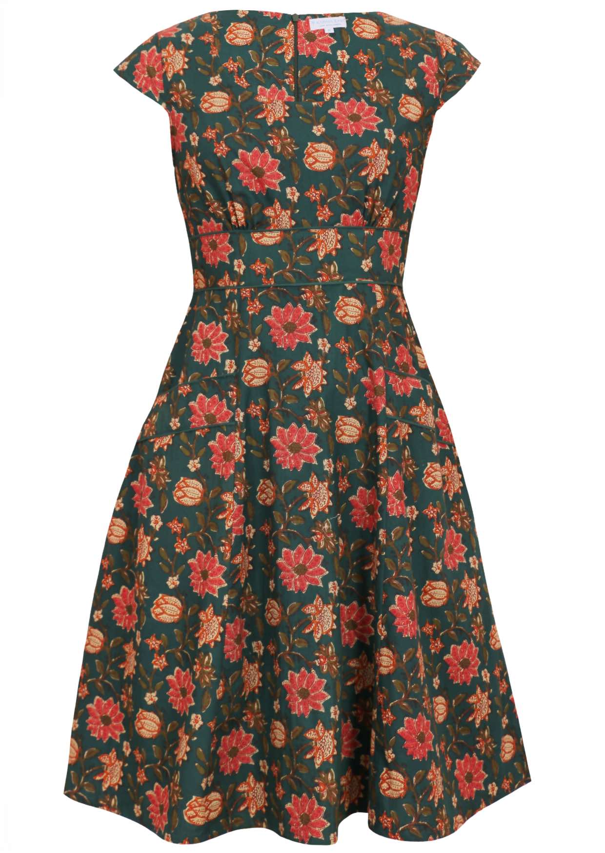 Retro Style cotton dress with A line fuller skirt, and piped details at waistband and pockets.