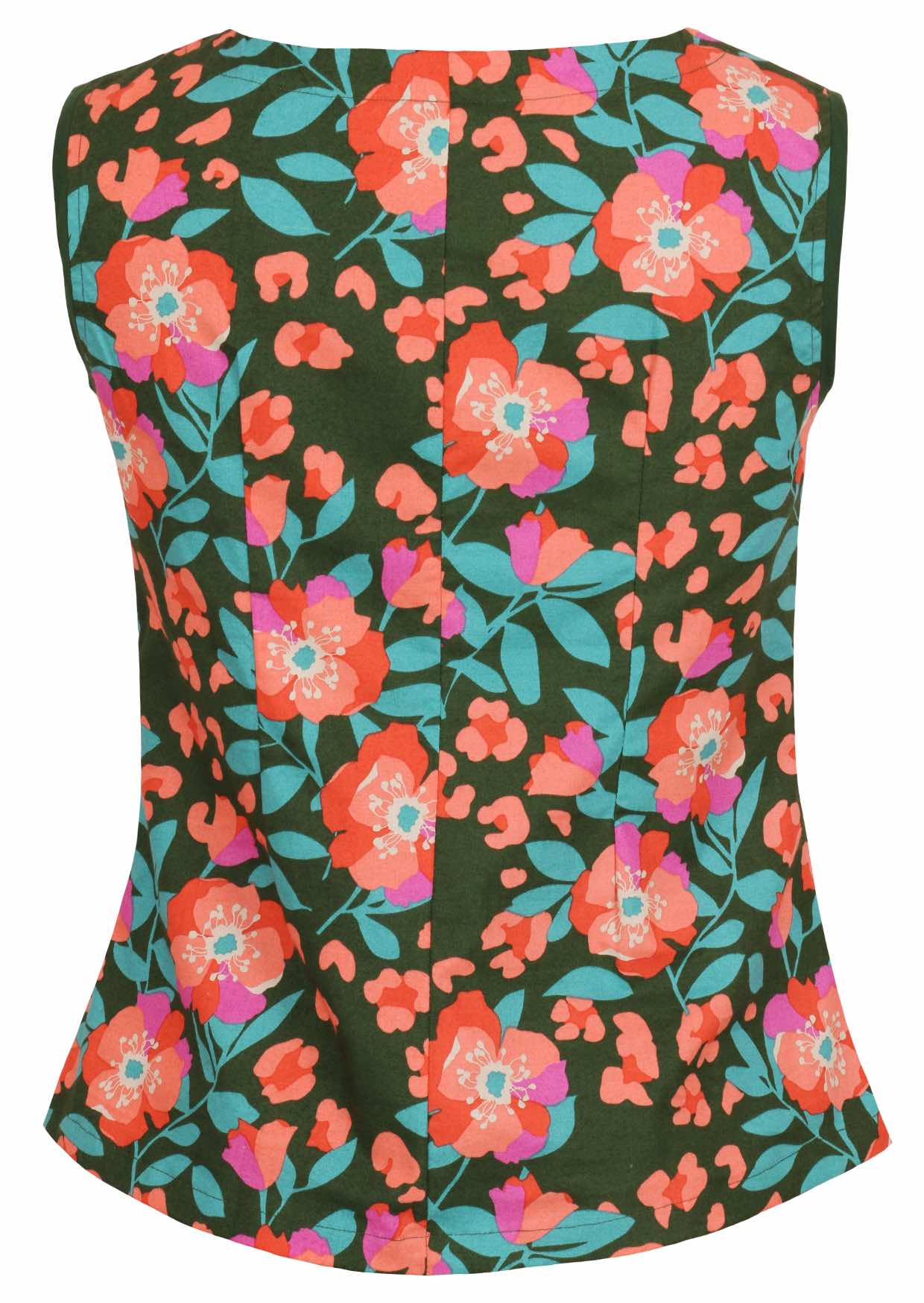 Floral print sleeveless top with rust, tan and sand tones on a olive green base