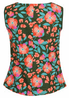 Floral print sleeveless top with rust, tan and sand tones on a olive green base