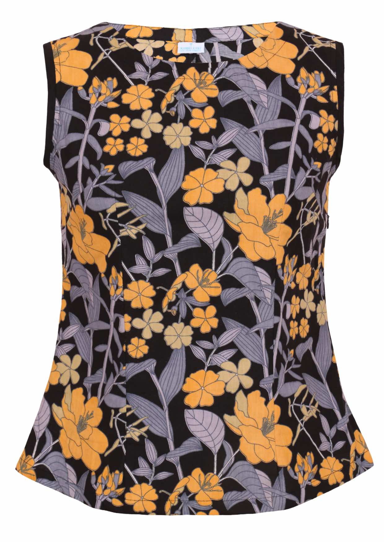 Floral print sleeveless fitted cotton top with black bias trim around the arm holes