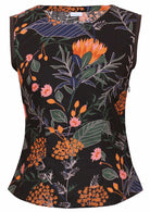 Sleeveless cotton top with a green, blue and orange floral print on a black background