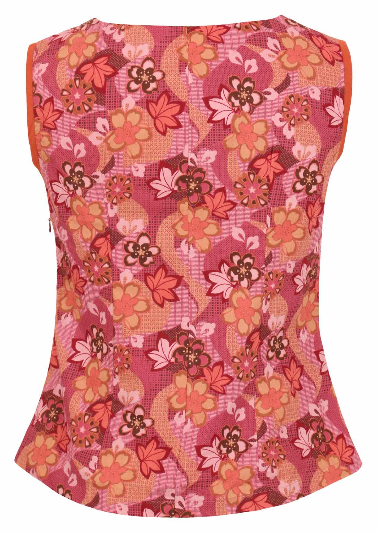 Sleeveless cotton top with Japanese-style print in pink, maroon, brown, peach, and khaki tones.