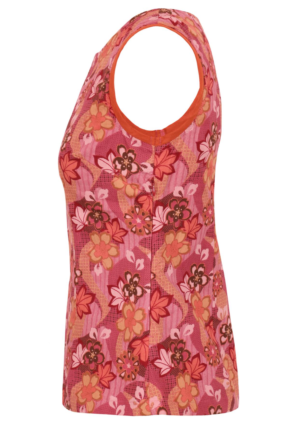 Cotton top with Japanese-style print in pink, maroon, brown, peach, and khaki tones.