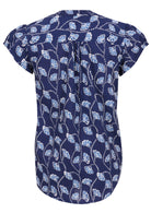 Back view of navy blue based floral print 100% cotton top on a white background.