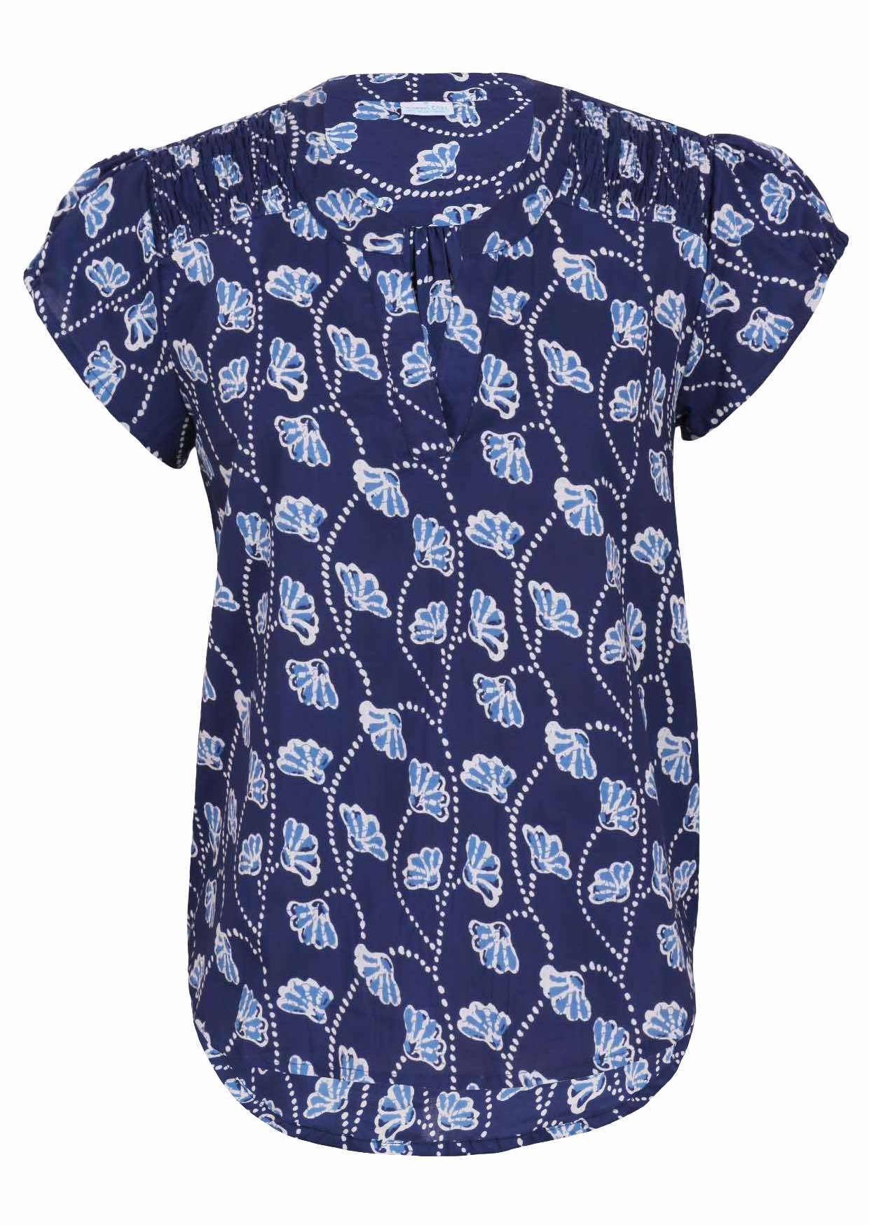 Navy blue based floral print cotton top with V-neckline on a white background.