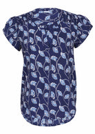 Navy blue based floral print cotton top with V-neckline on a white background.