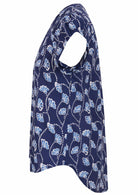 Navy blue based floral print cotton top with cap sleeves.