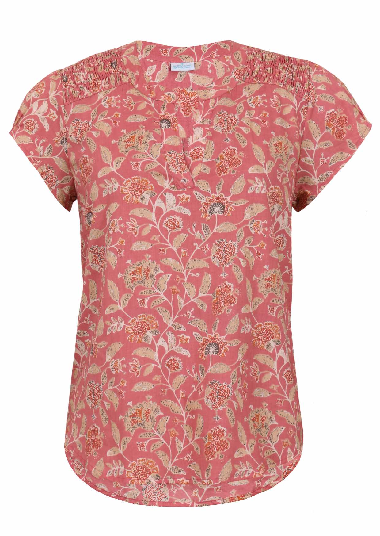 Rose pink based vintage style floral print cotton top with V-neckline on a white background.