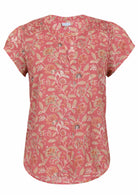 Rose pink based vintage style floral print cotton top with V-neckline on a white background.