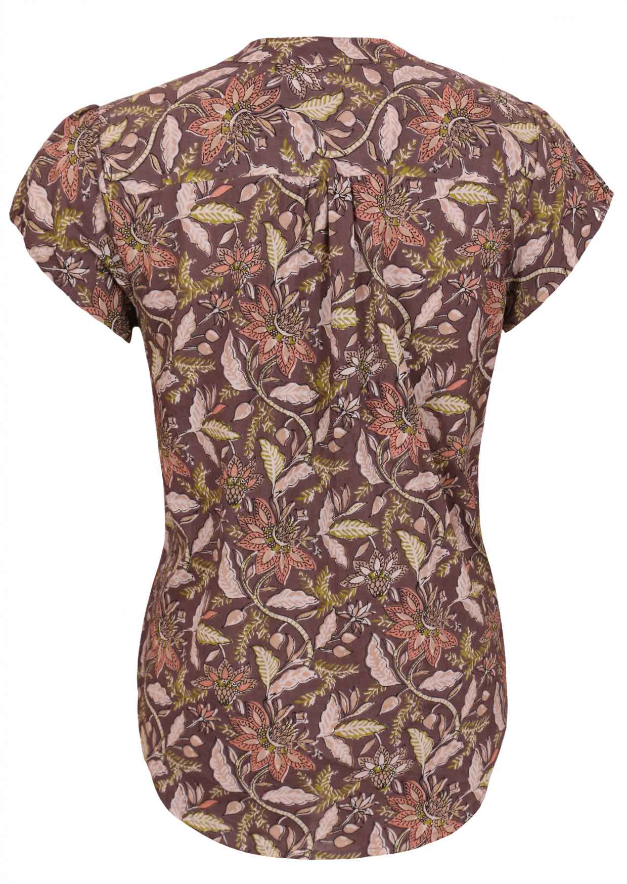 Taupe based floral print cotton cap sleeve top with small gathers at the centre of the back