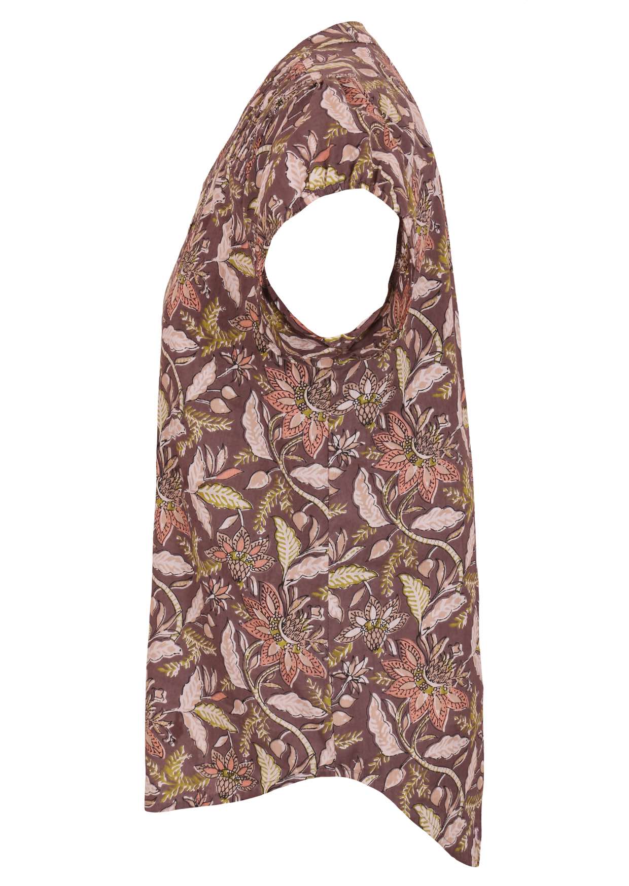 Cotton short sleeve top in taupe based floral print with ruched shoulders and longer at the back