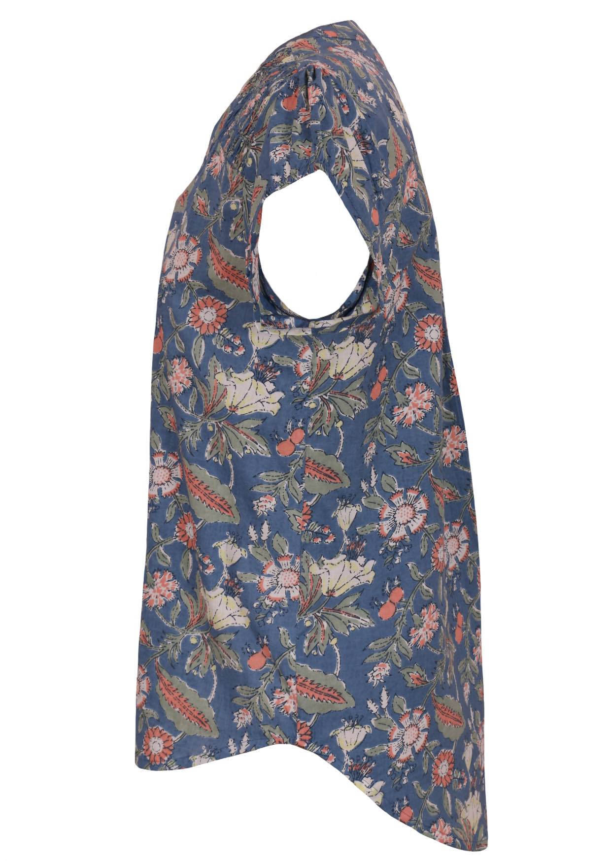 Cotton floral print blouse with ruched shoulder and cap sleeves, lomger at the back